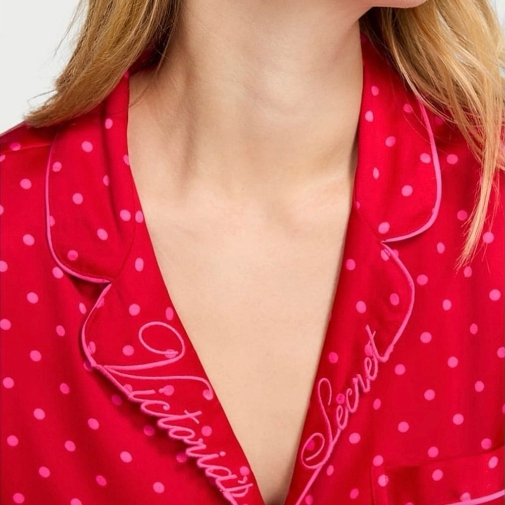 NWT Victoria's Secret Glazed Satin Red Pink Polka Dot Embroidered Logo PJ Set S
